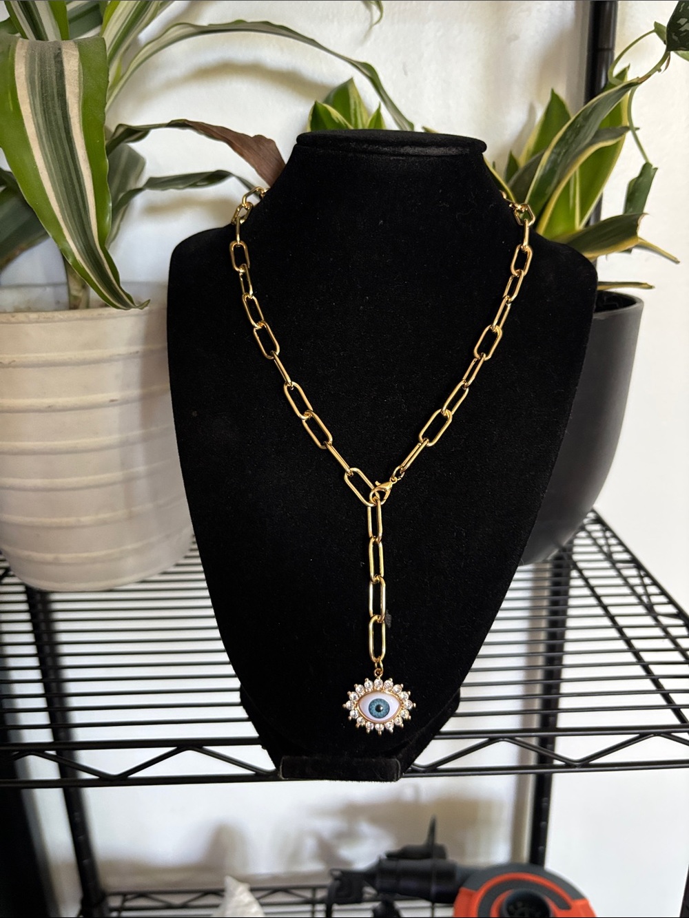 Gold Link Necklace with Blue Evil Eye Pendant - Women's Jewelry